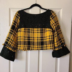 Elise Black and Yellow Houndstooth Plaid Cropped Blouse Bell Sleeve Lace Large
